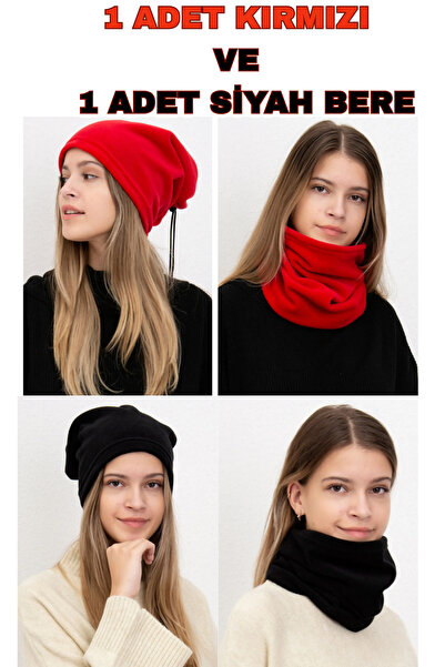 KL HOME 2 Pieces - Knitted Beanie Neck Collar - Fleece (1 Piece Red and 1 Piece Black Color)