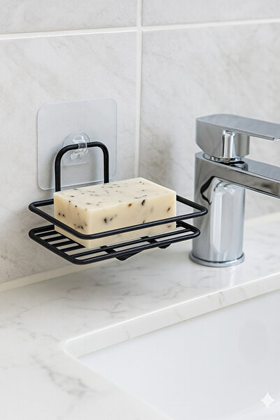 Grassi Yapışkanlı Sabunluk Banyo Mutfak Lavabo Metal Katı Sabunluk Siyah