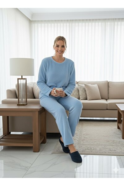 FAMES PİJAMA KADIN MAVİ PELUŞ PİJAMA TAKIMI