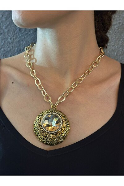 Gönülden Tasarım Crystal Stone Medallion Women's Necklace 22 cm