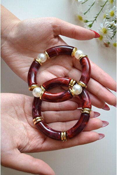 Sacce Scarves&Accessories Bordo İnci Detaylı Vintage Bombeli Bileklik Seti