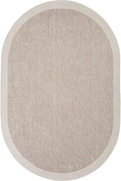 Sisal Halı Pratico Bej Oval Mutfak Halısı Dijital Baskı Hasır Görünüm Silinebilir Kaymaz Taban Yıkanabilir Halı