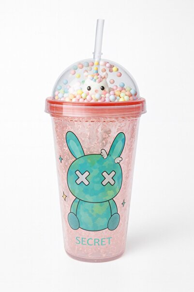 HediyeFilesi زجاجة مياه بسعة 450 مل مع شفاطة، تصميم زجاجي بلوري، طبقة مزدوجة من الميكا، لون وردي 2087