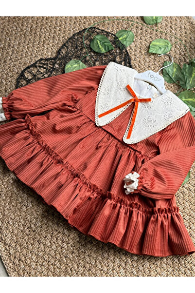 aysskids فستان بناتي من Grace بياقة دانتيل مخملية وتفاصيل أكمام طويلة مع تنورة