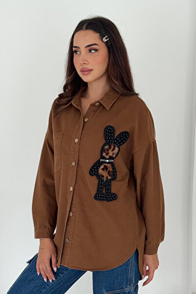 AsprinFashion Πουκάμισο από ύφασμα γαμπαρντίνα με σήμα λεοπάρ αρκουδάκι καφέ