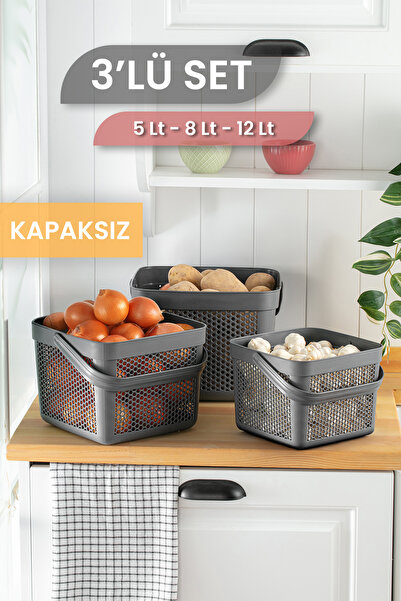 MYBOX 3-Piece Potato Onion Vegetable Storage Basket Set Multi-Purpose Kitchen Organizer Crisper 5-8-12Lt Anthracite