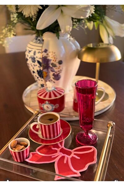 İNCİ ÇEYİZ 6 Pieces Linen Fabric Bow Pattern Processing Coffee Side Cocktail Napkin & Coasters.