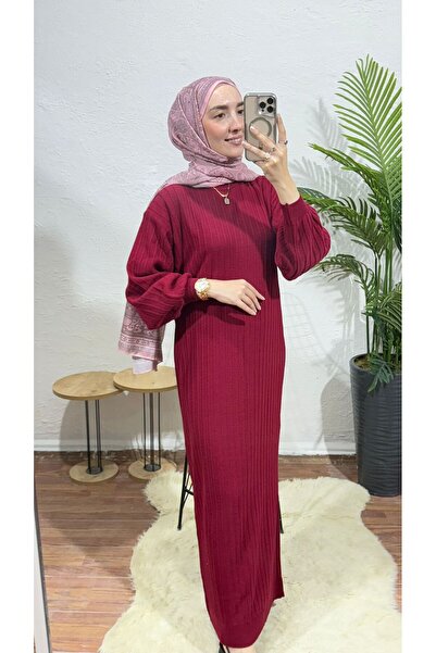 MY QILAM Γυναικείο φόρεμα με μανίκια μπαλόνι κοτλέ Μακρύ Μήκος Τρικοτόφτικο Φόρεμα Τυπικό Μέγεθος (Μεταξύ 36/44) Βουργουνδία