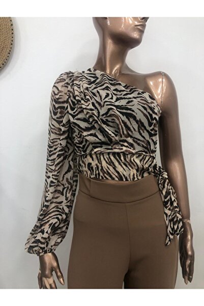 MONAMORE Women's One-Shoulder Tie-Waist Side Zipper Closure Lined Chiffon Shirt Blouse