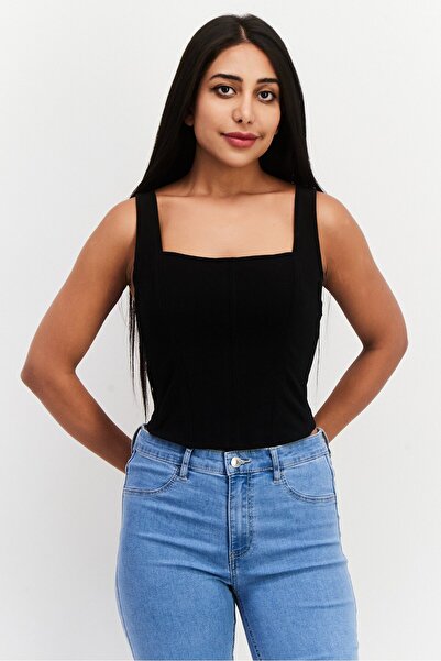 Royalty By Maluma Women Square Neck Sleeveless Plain Crop Top, Black