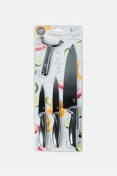 Core Kitchen طقم سكاكين احترافي مكون من 4 قطع مع مقشرة، لون أسود