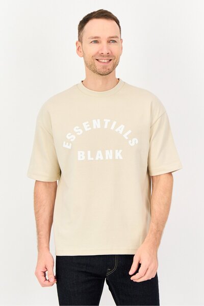 BLANK ESSENTIALS Men Crew Neck Short Sleeve Brand Logo T-Shirt, Beige