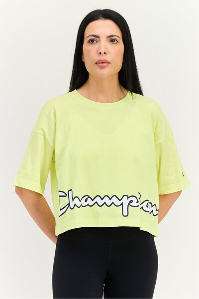 Champion ملابس رياضية نسائية بأكمام قصيرة ومناسبة للخارج، باللون الأصفر