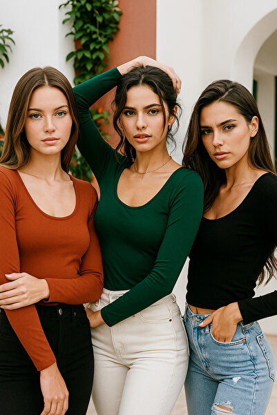 Rich Women's Dark Green-Burgundy-Black 3-Pack U Neck Long Sleeve Blouse