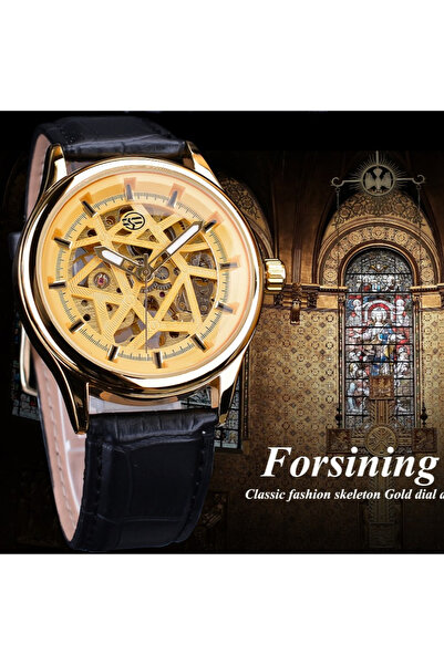 Forsining Men's Watch Mechanical Automatic Gold Skeleton Leather Business Elegant