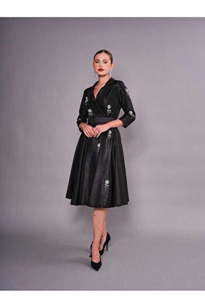 SERPİL Şık Çiçek Taş İşlemeli Kruvaze Midi Elbise 51062