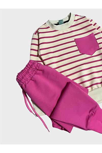 ALİŞ KİDS Σετ αθλητικής φόρμας για κορίτσια από βαμβακερό ροζ ριγέ μακρυμάνικο