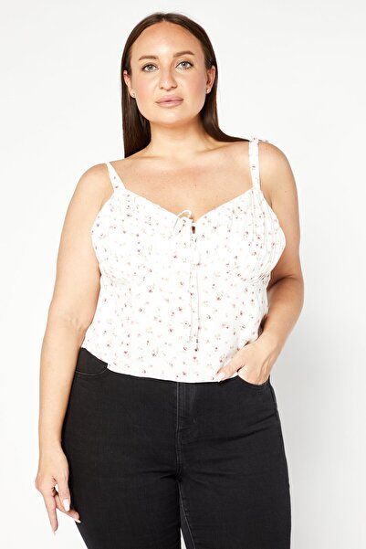 Forever 21 Women Plus Size Tie Neck Sleeveless Allover Print Top, White Combo