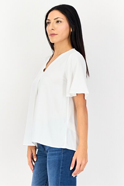 Threadbare Women V-Neck Flutter Sleeves Plain Top, White