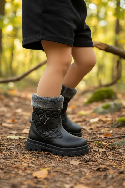 JOJO KIDS Kız Çocuk Fermuarlı Siyah Deri Çizme , İçi Sıcak Polar Astarlı Bot ...