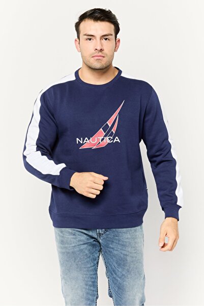 Nautica Men Crew Neck Brand Logo Long Sleeves Sweatshirt, Navy/White
