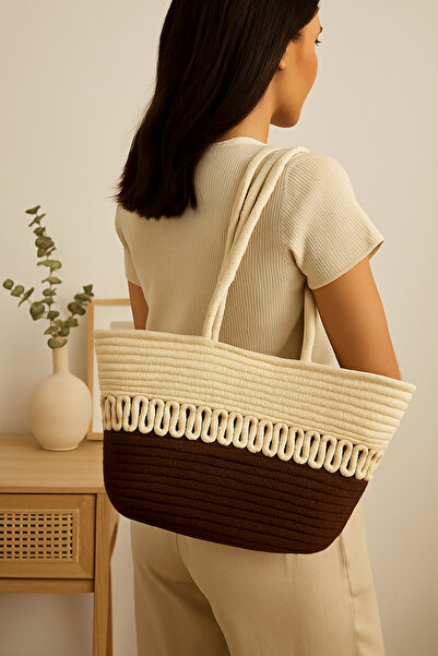 MaVaux Екологична, стилна, двуцветна голяма плажна чанта от плетена въжета, дамска чанта за ръка и рамо