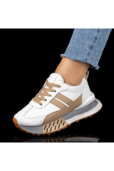 Modlet.ro Pantofi sport pentru femei, albi și kaki, cu talpă groasă MOD09898