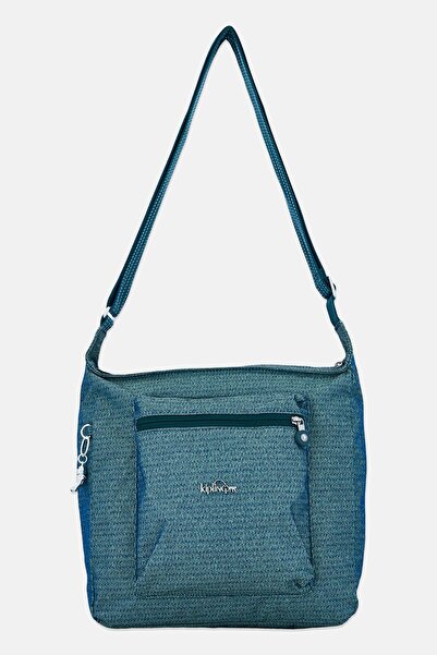 Kipling حقيبة كتف نسائية بشعار العلامة التجارية مع سلسلة مفاتيح، باللون الأخضر