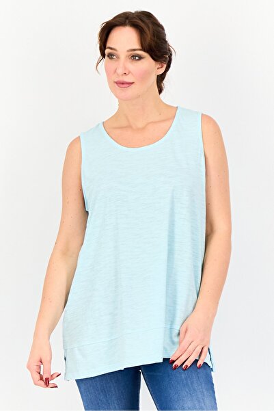 LANDS' END Women Round Neck Sleeveless Solid Tank Top, Ice Blue