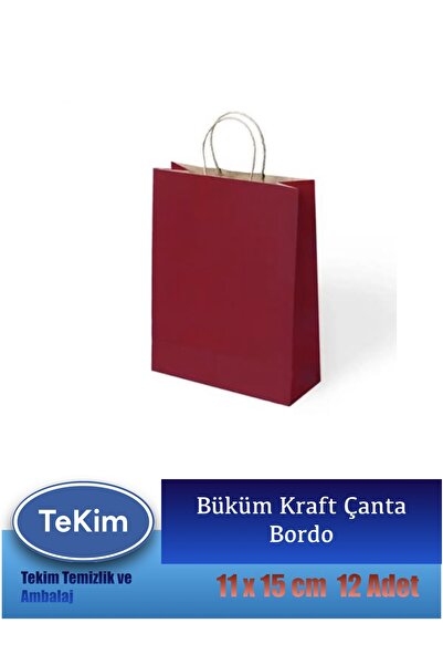 tekim temizlik ve ambalaj Büküm Saplı Mini Hediyelik Kraft Karton Çanta Poşet 12li Paket 15x11x6 cm Bordo