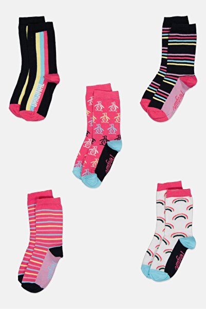 Original Penguin Kids Girl 5 Pair Allover Print Ankle Socks, Multicolor
