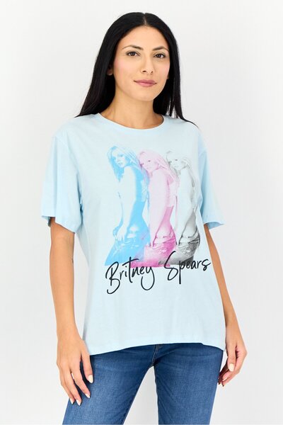 Britney Spears Women Crew Neck Short Sleeves Graphic Print T-Shirt, Light Blue