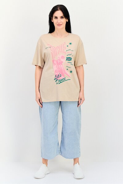 Bowie Women Crew Neck Short Sleeve Graphic Print T Shirt, Tan