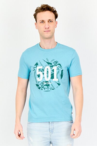 Levi's تي شيرت رجالي بطبعة جرافيكية بأكمام قصيرة ورقبة دائرية، أزرق فاتح