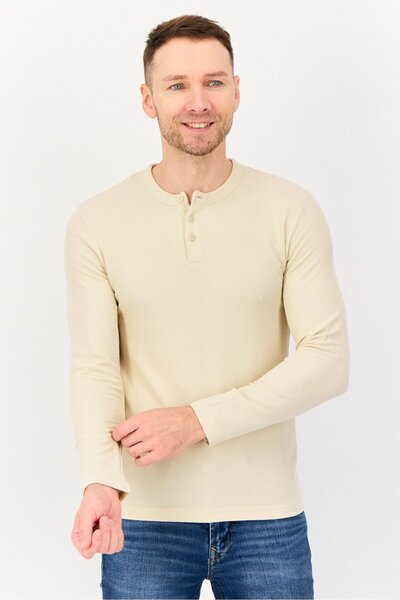 CELIO Men Crew Neck Long Sleeve Plain T-Shirt, Beige