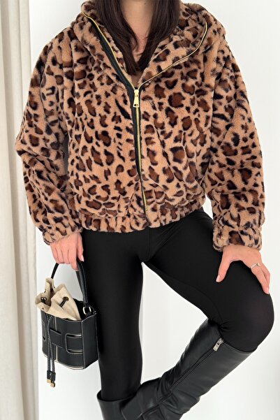FEMELLE Leopard Zippered Hooded Lined Plush Fur Coat