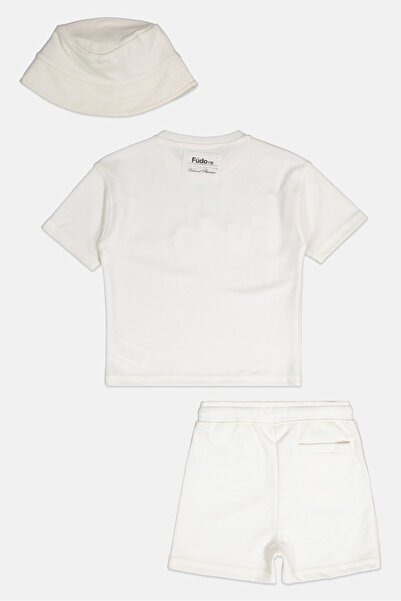 Fudo Toddlers Boy 3 Pieces Brand Logo Top And Bottom Set With Bucket Hat, Off White