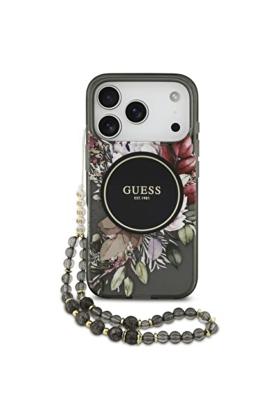 Guess Husă pentru iPhone 17 Pro, IML Flowers cu curea din perle MagSafe, - Negru