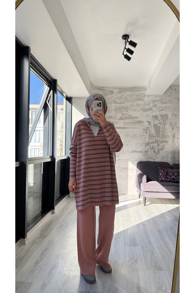 MODA Thin Striped Hijab Knitwear Two-Piece Set - Rose