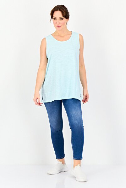 LANDS' END Women Round Neck Sleeveless Solid Tank Top, Ice Blue