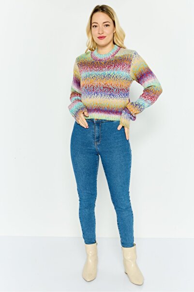 NIA Women Crew Neck Knitted Sweater, Red Combo