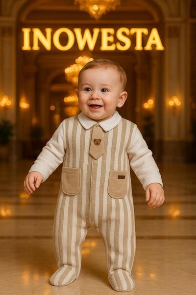 inowesta Baby Boy Cotton Tie Knitwear-Corduroy Garnished Jumpsuit