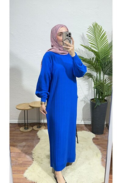 MY QILAM Women's Balloon Sleeve Ribbed Long Length Hijab Knitwear Dress Stand...