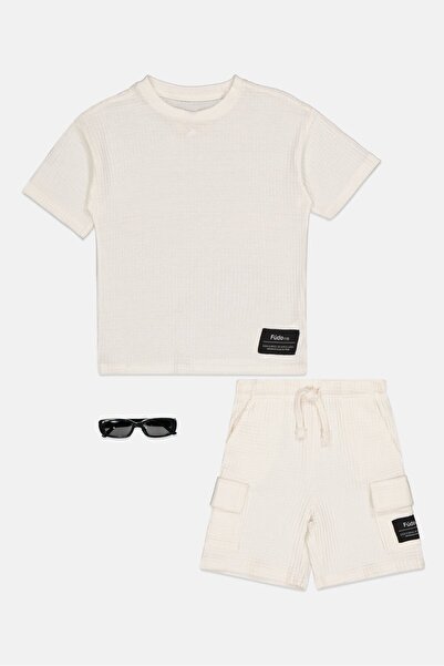 Fudo Kids Boy 3Pcs Textured T-Shirt And Shorts With Sunglasses, White