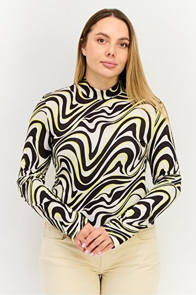 Sinsay بلوزة نسائية مطبوعة بالكامل بأكمام طويلة وياقة عالية، متعددة الألوان