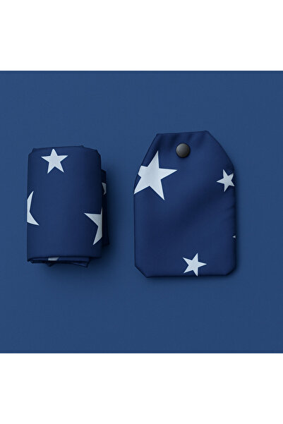 PUREYSMA Lacivert Yıldız Desenli Katlanabilir Bez Alışveriş Çantası – Suya Dayanıklı ve Kılıflı