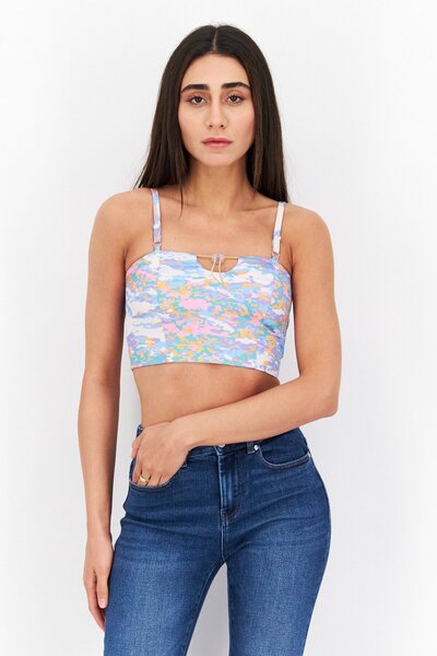 Local Heroes Women Keyhole Neck Sleeveless Abstract Print Crop Top, Multicolor