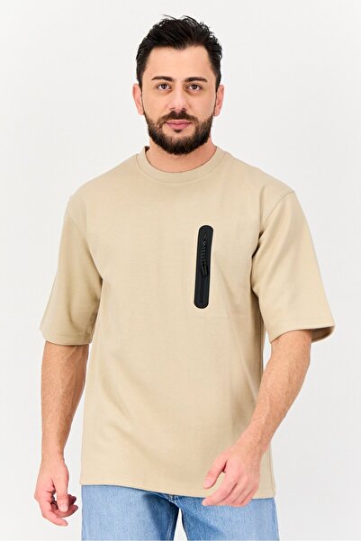 CELIO Men Crew Neck Short Sleeve Plain T-Shirt, Light Taupe