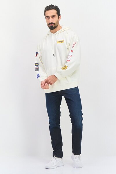 WRANGLER Men Hooded Long Sleeve Embroidered Logo Sweatshirt, Off White