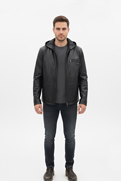 Deriderim Black Leonard Men's Zippered Hooded Genuine Leather Coat